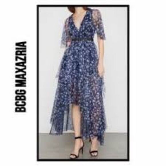 BCBGMAXAZRIA women’s KALEIDOSCOPE navy JEWELS LACE HI-LOW MAXI DRESS size 8 - Picture 2 of 9